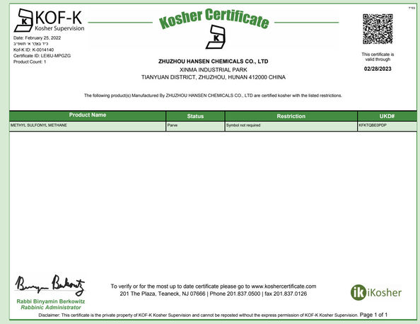 Porcellana Zhuzhou Hansen Chemicals Co.,Ltd Certificazioni