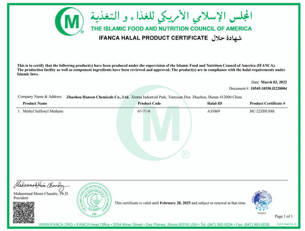 Porcellana Zhuzhou Hansen Chemicals Co.,Ltd Certificazioni